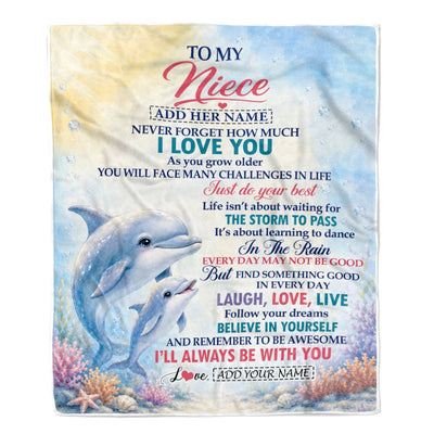 Personalized To My Niece Gifts From Aunt Auntie Uncle Blanket Dolphin Ocean Love Message Birthday Christmas Gift For Niece Women Custom Fleece Throw Blanket | teecentury