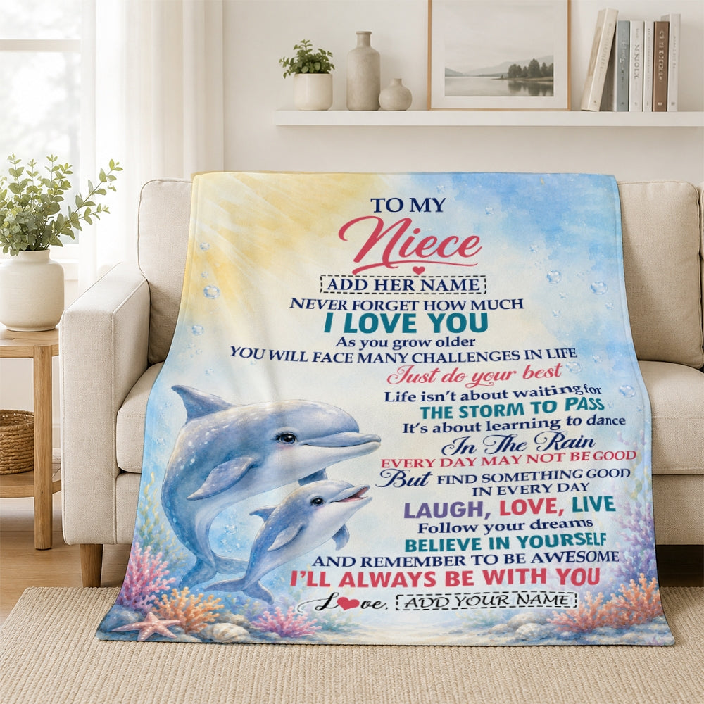 Personalized To My Niece Gifts From Aunt Auntie Uncle Blanket Dolphin Ocean Love Message Birthday Christmas Gift For Niece Women Custom Fleece Throw Blanket | teecentury