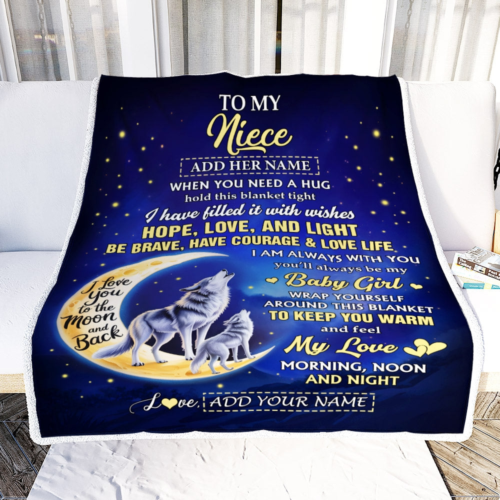 Personalized To My Niece Gifts From Aunt Uncle Auntie Blanket I Love You Moon And Back Wolf Niece Birthday Gifts Christmas Graduation Custom Fleece Blanket | teecentury