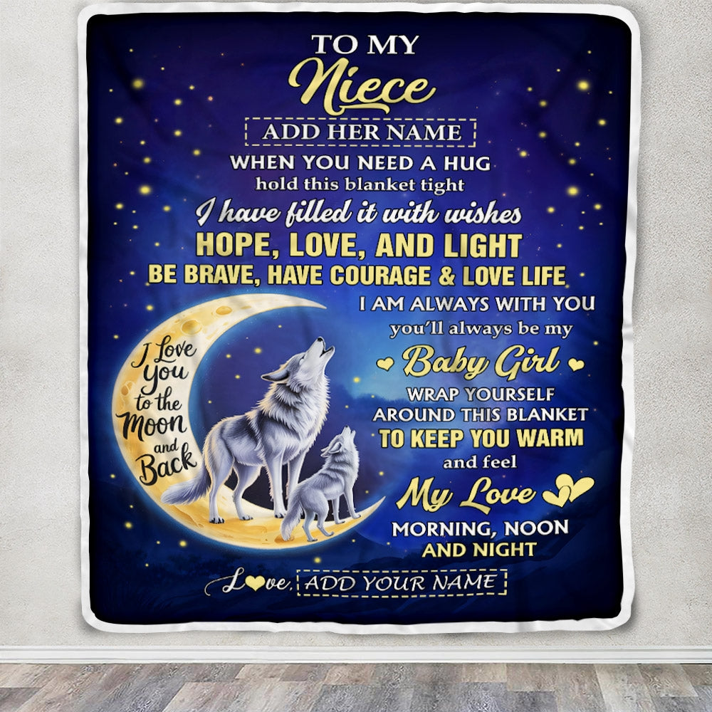 Personalized To My Niece Gifts From Aunt Uncle Auntie Blanket I Love You Moon And Back Wolf Niece Birthday Gifts Christmas Graduation Custom Fleece Blanket | teecentury
