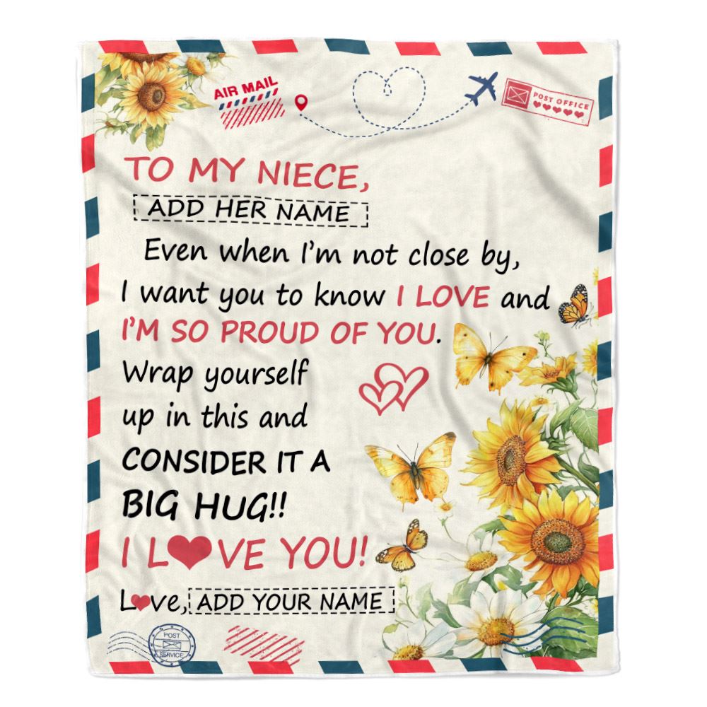Personalized To My Niece Gifts From Aunt Uncle Auntie Blanket Sunflower Letter Air Mail Birthday Graduation Gifts For Niece Christmas Customized Fleece Blanket | teecentury