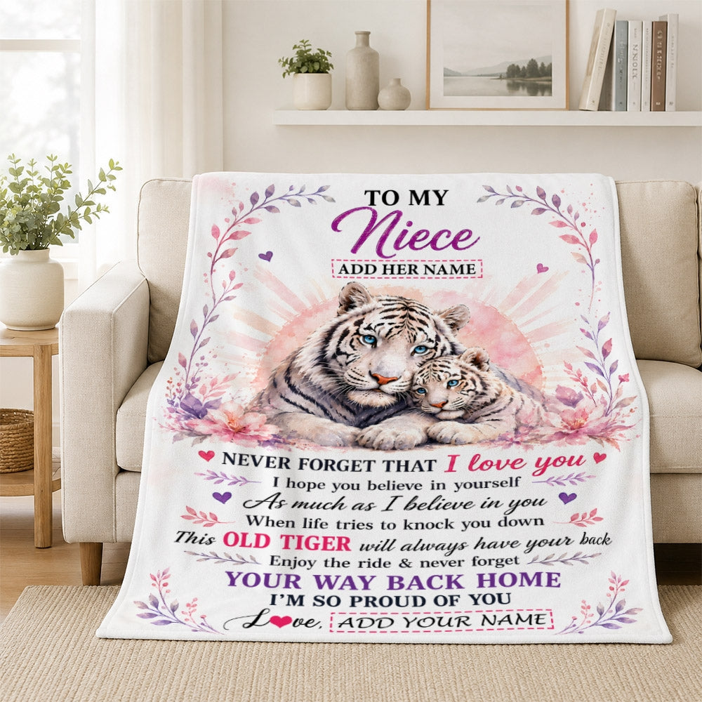 Personalized To My Niece Gifts From Aunt Uncle Auntie Blanket White Tiger This Old Tiger Birthday Christmas Gift For Niece Custom Fleece Throw Blanket | teecentury