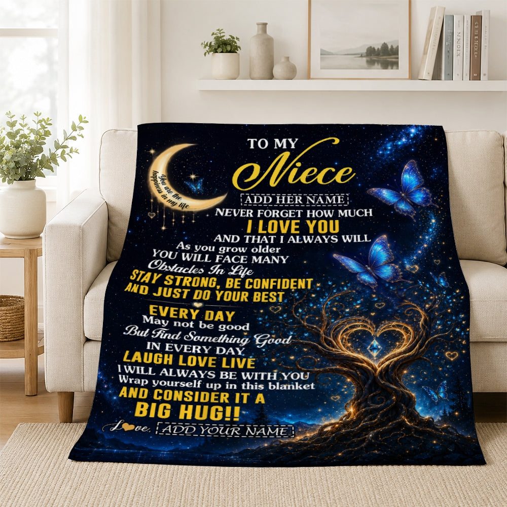 Personalized To My Niece Gifts From Aunt Uncle Blanket Blue Galaxy Butterfly Moon Birthday Gifts For Niece Graduation Christmas Custom Fleece Throw Blanket | teecentury