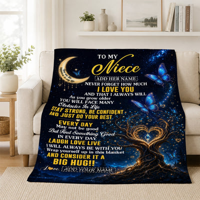 Personalized To My Niece Gifts From Aunt Uncle Blanket Blue Galaxy Butterfly Moon Birthday Gifts For Niece Graduation Christmas Custom Fleece Throw Blanket | teecentury