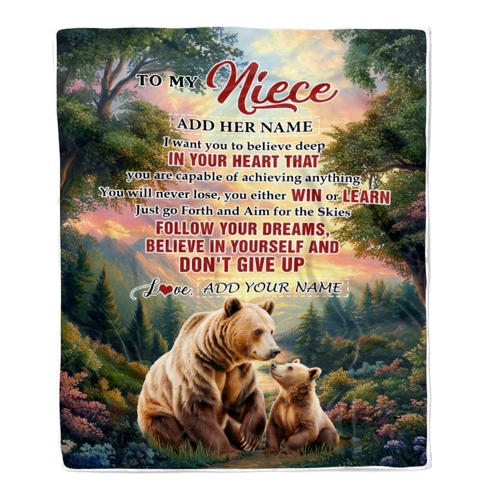 Personalized To My Niece Gifts From Aunt Uncle Blanket Don't Give Up Bear Gifts For Niece Birthday Graduation Christmas Customized Fleece Throw Blanket | teecentury