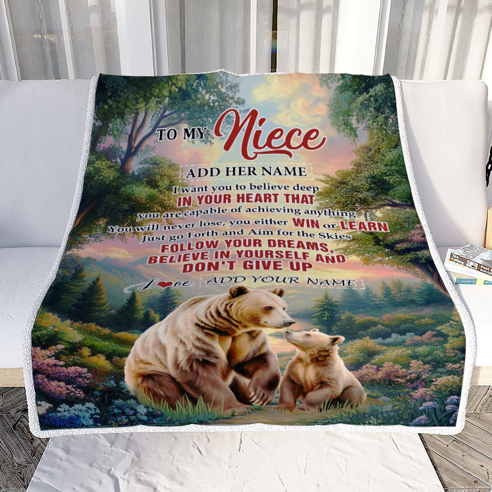 Personalized To My Niece Gifts From Aunt Uncle Blanket Don't Give Up Bear Gifts For Niece Birthday Graduation Christmas Customized Fleece Throw Blanket | teecentury