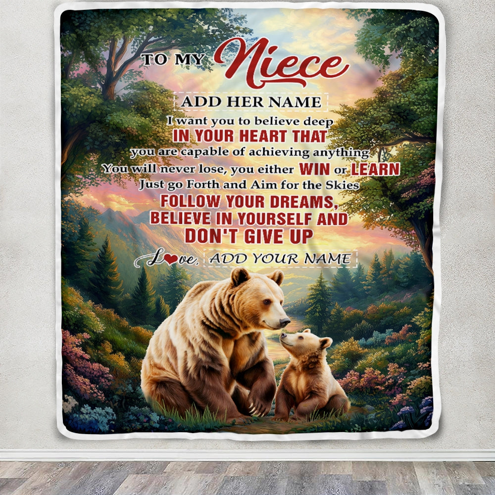 Personalized To My Niece Gifts From Aunt Uncle Blanket Don't Give Up Bear Gifts For Niece Birthday Graduation Christmas Customized Fleece Throw Blanket | teecentury