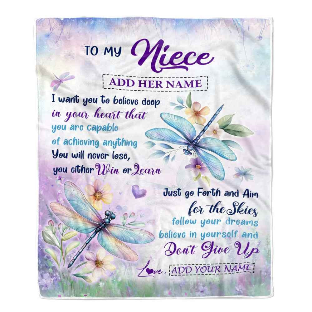 Personalized To My Niece Gifts From Aunt Uncle Blanket Don't Give Up Dragonfly Gifts For Niece Birthday Graduation Christmas Customized Fleece Throw Blanket | teecentury