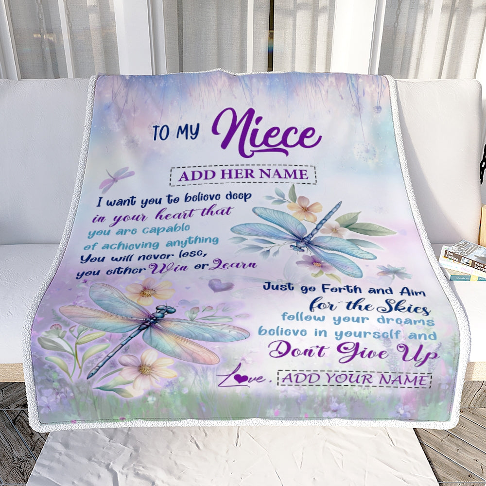 Personalized To My Niece Gifts From Aunt Uncle Blanket Don't Give Up Dragonfly Gifts For Niece Birthday Graduation Christmas Customized Fleece Throw Blanket | teecentury