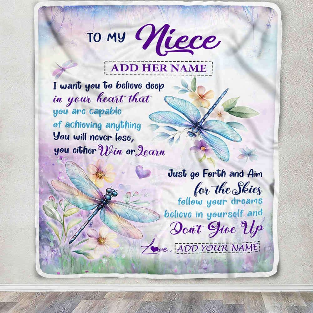 Personalized To My Niece Gifts From Aunt Uncle Blanket Don't Give Up Dragonfly Gifts For Niece Birthday Graduation Christmas Customized Fleece Throw Blanket | teecentury