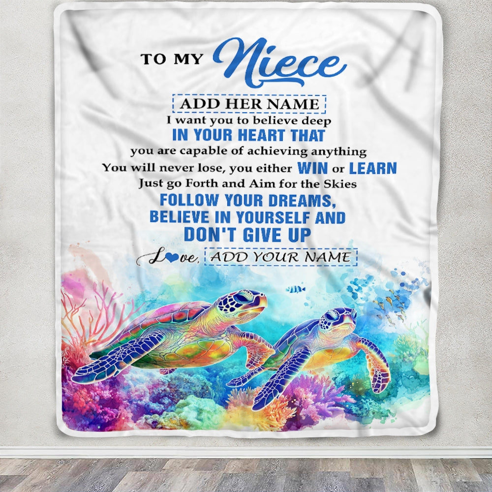 Personalized To My Niece Gifts From Aunt Uncle Blanket Don't Give Up Turtle Gifts For Niece Birthday Graduation Christmas Customized Fleece Throw Blanket | teecentury