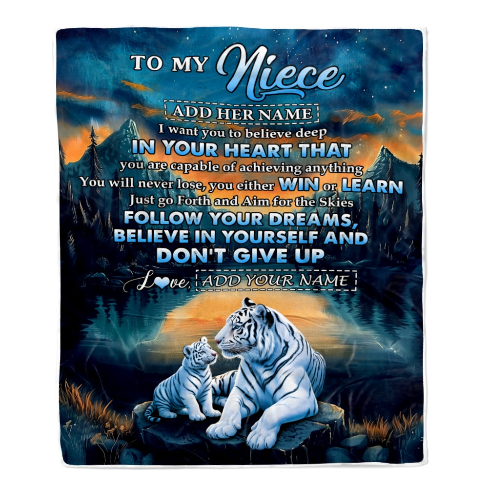Personalized To My Niece Gifts From Aunt Uncle Blanket Don't Give Up White Tiger Gifts For Niece Birthday Graduation Christmas Customized Fleece Throw Blanket | teecentury
