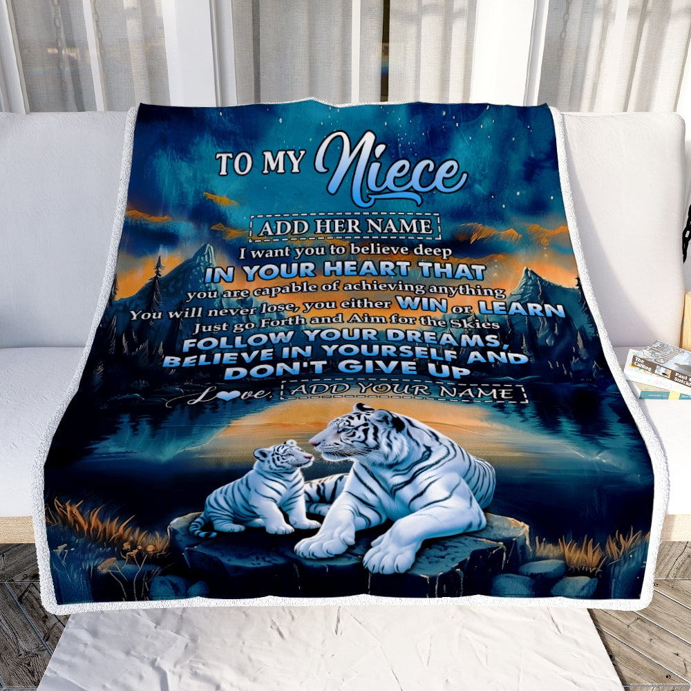 Personalized To My Niece Gifts From Aunt Uncle Blanket Don't Give Up White Tiger Gifts For Niece Birthday Graduation Christmas Customized Fleece Throw Blanket | teecentury