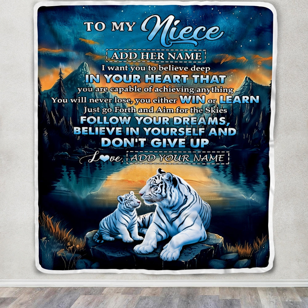 Personalized To My Niece Gifts From Aunt Uncle Blanket Don't Give Up White Tiger Gifts For Niece Birthday Graduation Christmas Customized Fleece Throw Blanket | teecentury