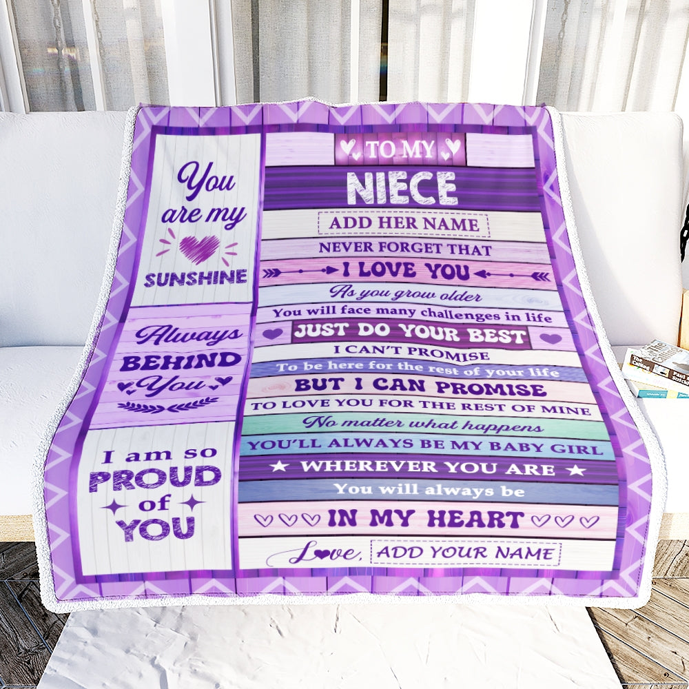 Personalized To My Niece Gifts From Aunt Uncle Blanket Purple Wood Sunshine In My Heart Custom Gift For Niece Birthday Graduation Christmas Fleece Blanket | teecentury
