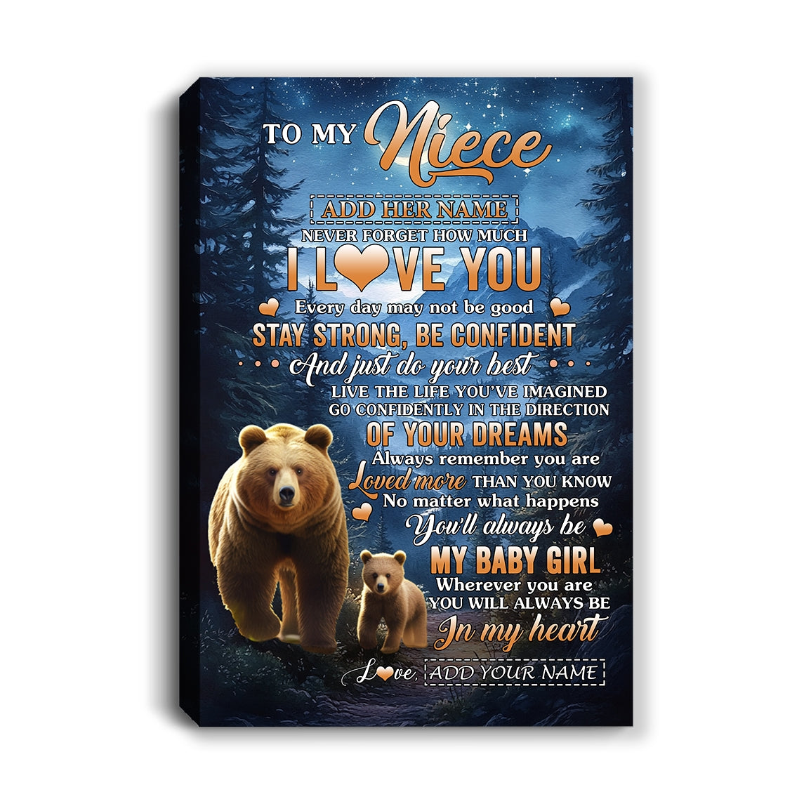 Personalized To My Niece Gifts From Aunt Uncle Canvas Bear Never Forget How Much I Love You Niece Birthday Gifts Graduation Christmas Custom Print Framed Canvas | teecentury