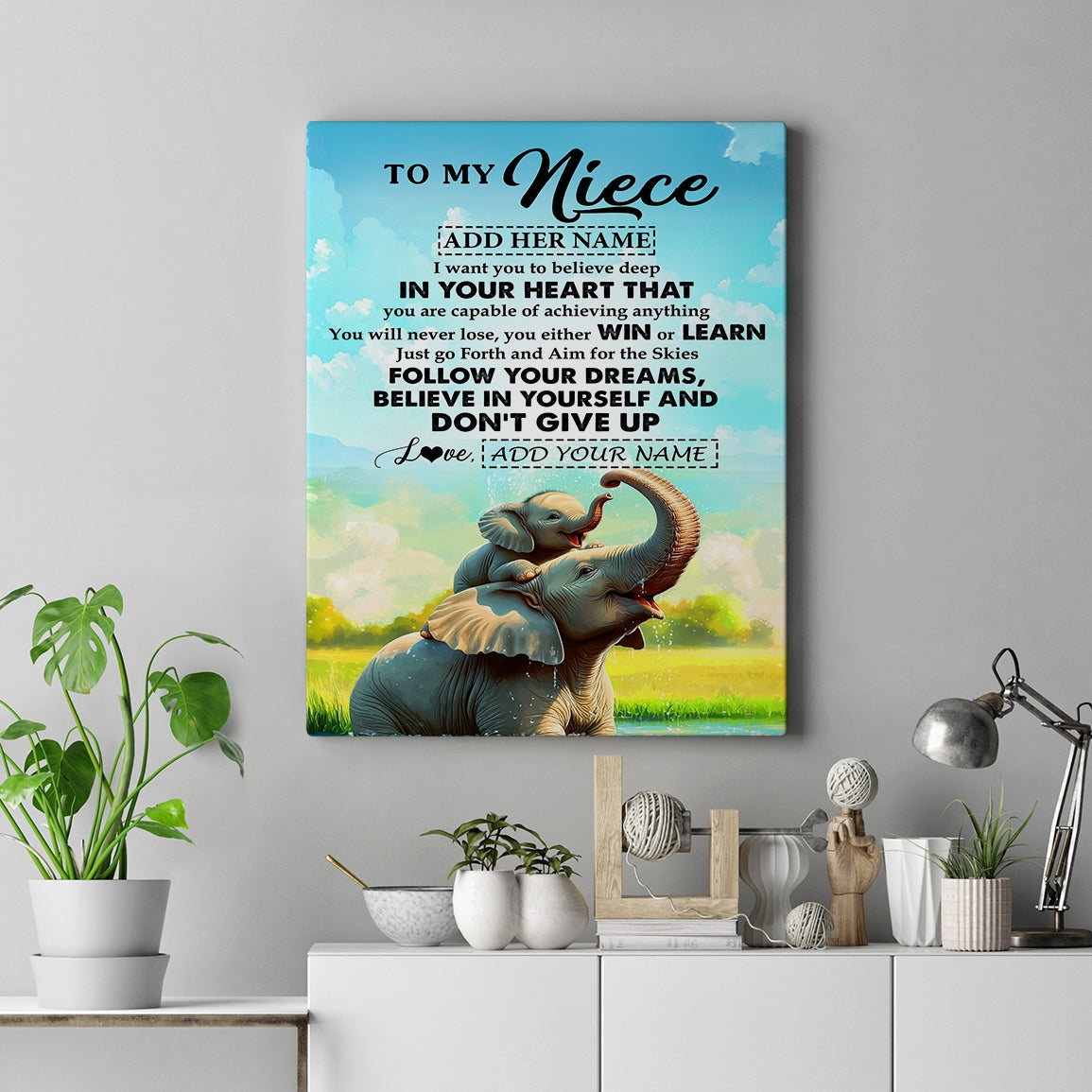 Personalized To My Niece Gifts From Aunt Uncle Canvas Don't Give Up Elephant Gifts For Niece Birthday Gifts Graduation Christmas Custom Wall Art Framed Canvas | teecentury
