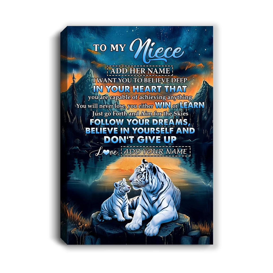 Personalized To My Niece Gifts From Aunt Uncle Canvas Don't Give Up White Tiger Gifts For Niece Birthday Graduation Christmas Custom Wall Art Framed Canvas | teecentury