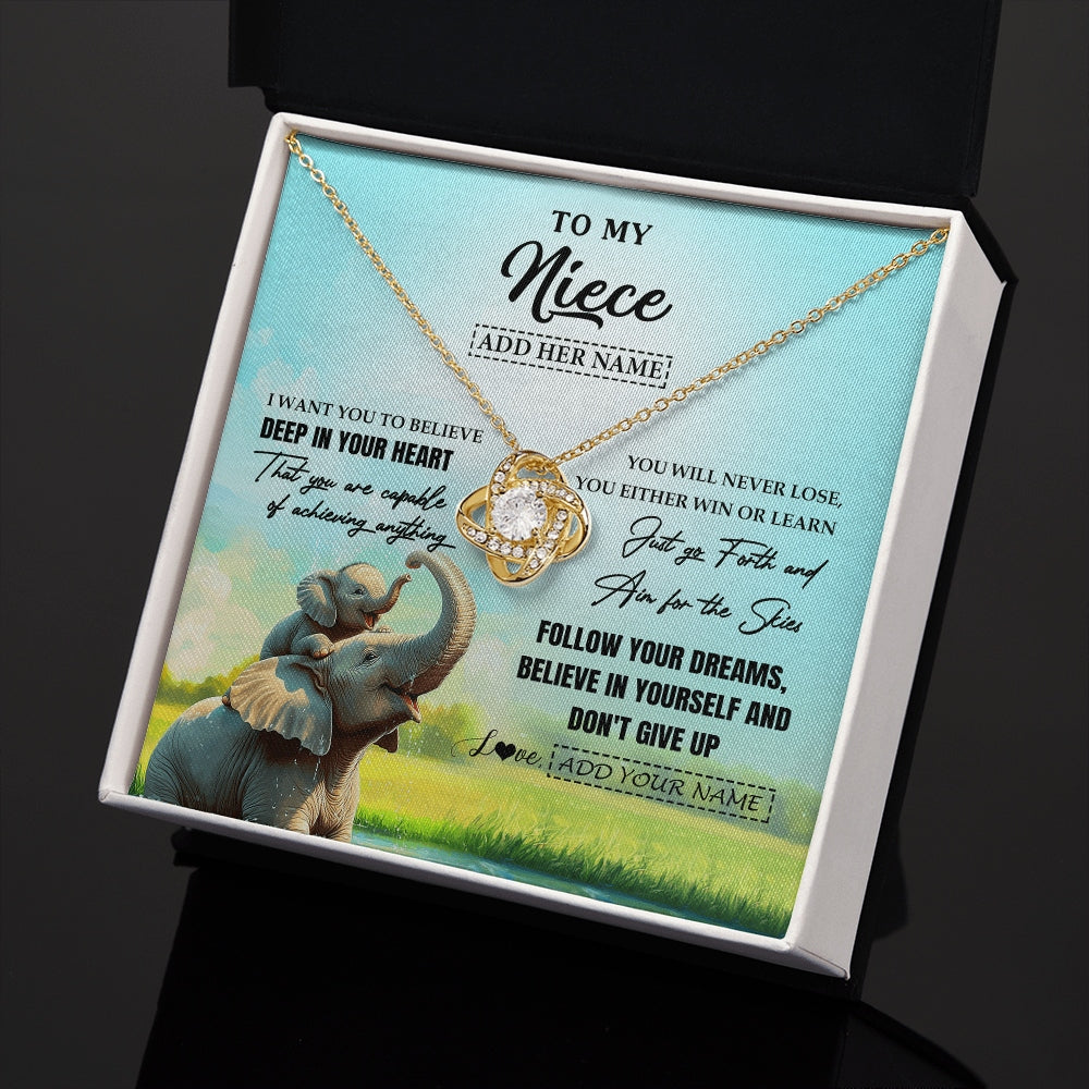 Love Knot Necklace 18K Yellow Gold Finish | 2 | Personalized To My Niece Gifts From Aunt Uncle Necklace Don't Give Up Elephant Gifts For Niece Birthday Graduation Christmas Custom Gift Box Message Card | https://teecentury.