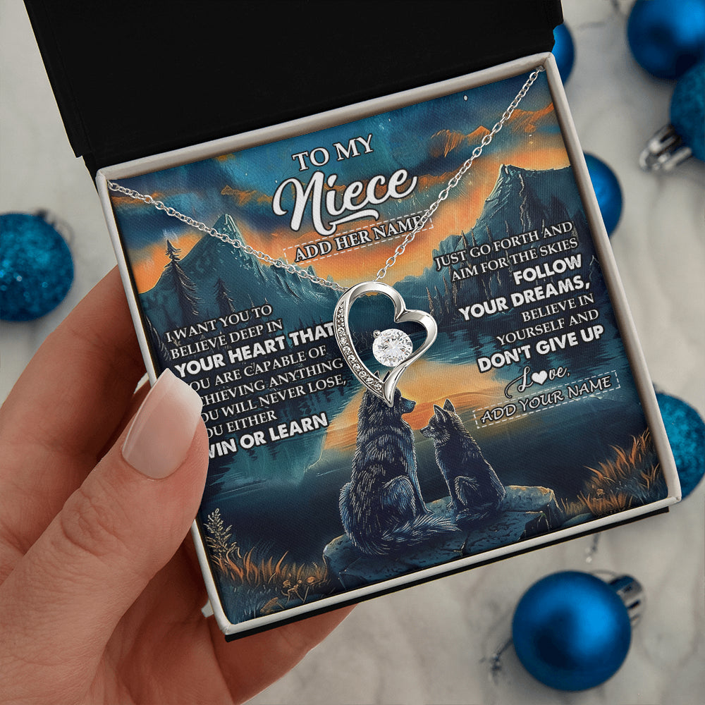 Forever Love Necklace 14K White Gold Finish | 2 | Personalized To My Niece Gifts From Aunt Uncle Necklace Don't Give Up Wolf Gifts For Niece Birthday Graduation Christmas Customized Gift Box Message Card | teecentury