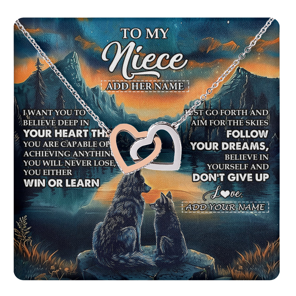 Interlocking Hearts Necklace Stainless Steel & Rose Gold Finish | 1 | Personalized To My Niece Gifts From Aunt Uncle Necklace Don't Give Up Wolf Gifts For Niece Birthday Graduation Christmas Customized Gift Box Message Card | teecentury