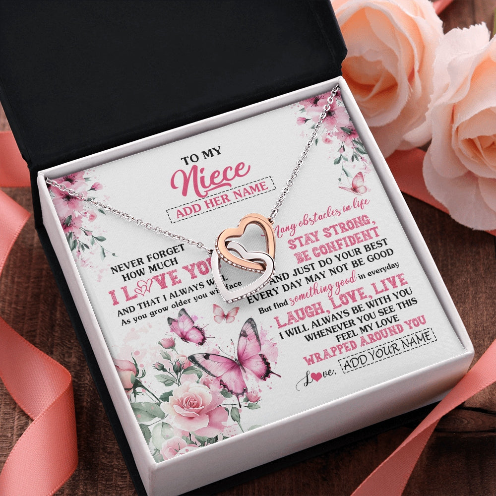 Interlocking Hearts Necklace Stainless Steel & Rose Gold Finish | 2 | Personalized To My Niece Gifts From Aunt Uncle Necklace I Love You Butterfly Birthday Gifts For Niece Graduation Christmas Custom Gift Box Message Card | https://teecentury.