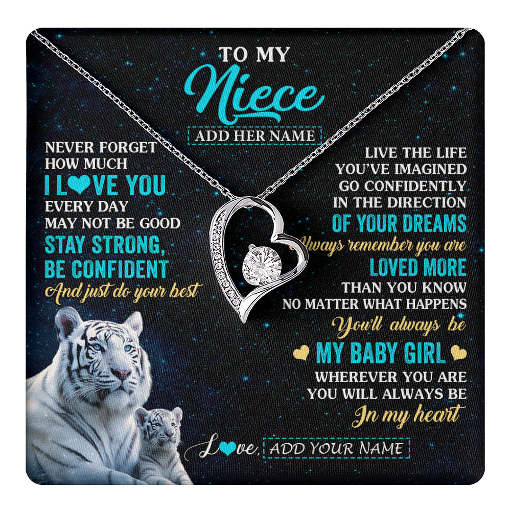 Forever Love Necklace 14K White Gold Finish | 1 | Personalized To My Niece Gifts From Aunt Uncle Necklace White Tiger Never Forget How Much I Love You Niece Birthday Christmas Customized Gift Box Message Card | teecentury