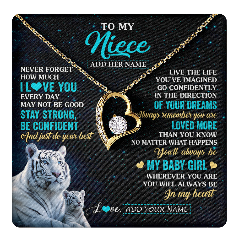 Forever Love Necklace 18K Yellow Gold Finish | 1 | Personalized To My Niece Gifts From Aunt Uncle Necklace White Tiger Never Forget How Much I Love You Niece Birthday Christmas Customized Gift Box Message Card | teecentury