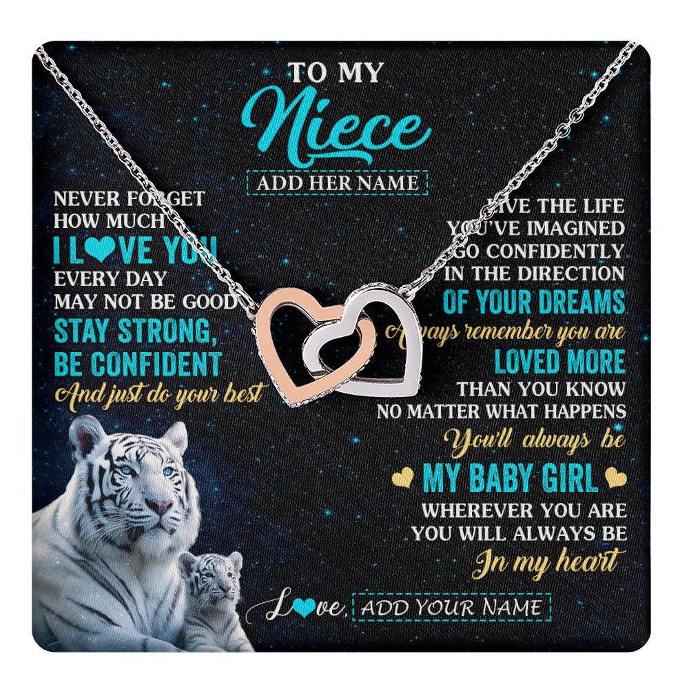 Interlocking Hearts Necklace Stainless Steel & Rose Gold Finish | 1 | Personalized To My Niece Gifts From Aunt Uncle Necklace White Tiger Never Forget How Much I Love You Niece Birthday Christmas Customized Gift Box Message Card | teecentury