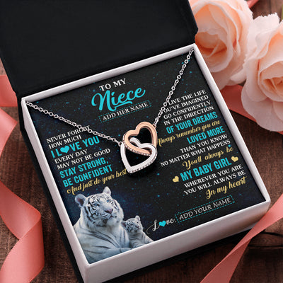 Interlocking Hearts Necklace Stainless Steel & Rose Gold Finish | 2 | Personalized To My Niece Gifts From Aunt Uncle Necklace White Tiger Never Forget How Much I Love You Niece Birthday Christmas Customized Gift Box Message Card | teecentury