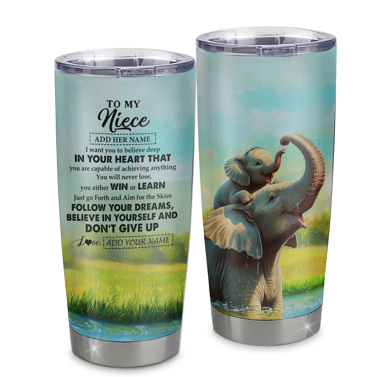 Personalized To My Niece Gifts From Aunt Uncle Tumbler Don't Give Up Elephant Gifts For Niece Birthday Graduation Christmas Custom Stainless Steel Travel Mug | teecentury