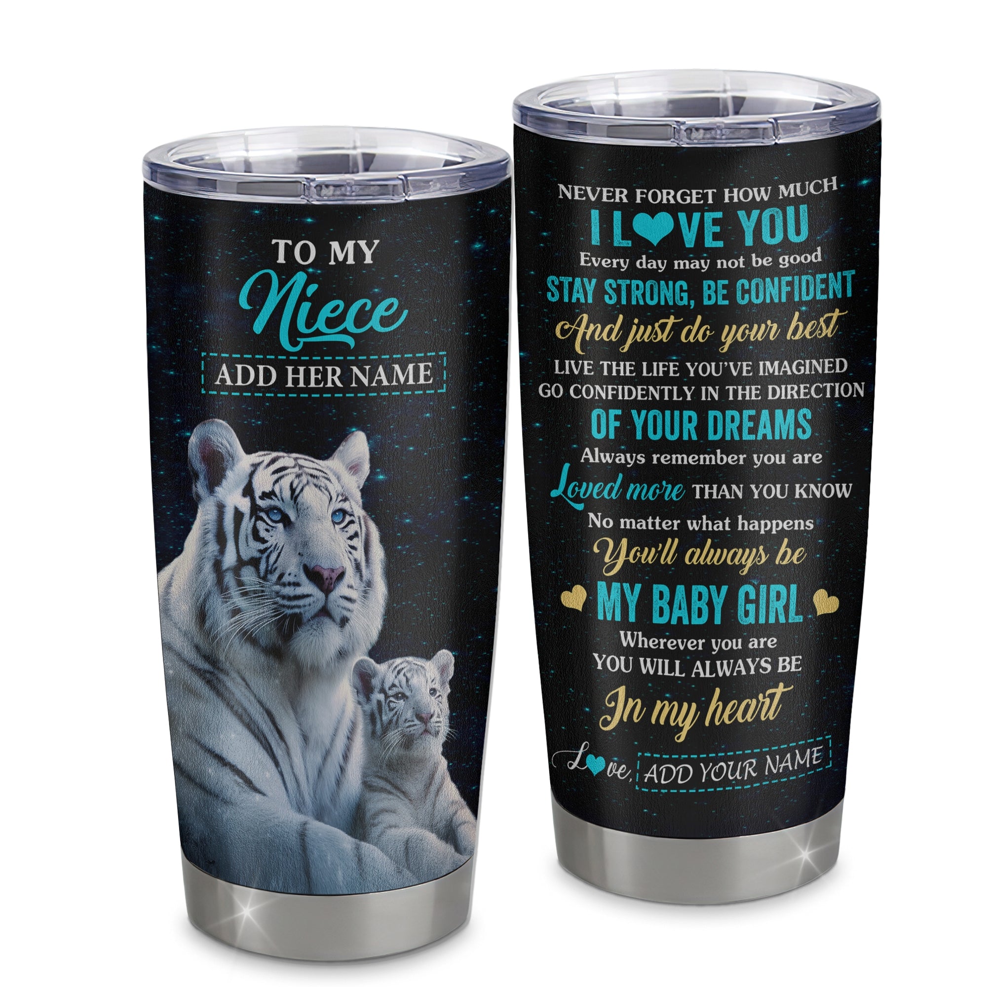 Personalized To My Niece Gifts From Aunt Uncle Tumbler White Tiger Never Forget How Much I Love You Niece Birthday Christmas Customized Custom Stainless Steel Mug | teecentury