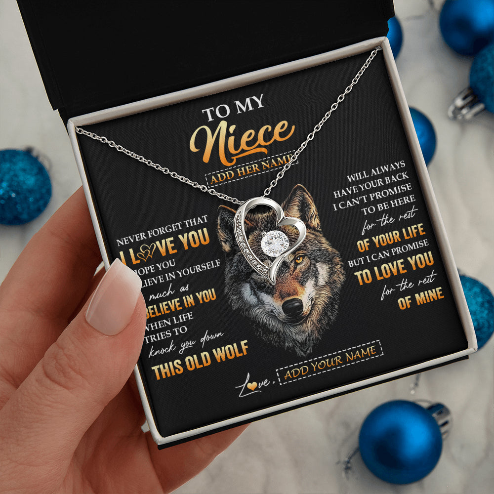 Forever Love Necklace 14K White Gold Finish | 2 | Personalized To My Niece Gifts From Uncle Aunt Auntie Necklace Old Wolf Love You Niece Birthday Gifts Graduation Christmas Customized Gift Box Message Card | teecentury