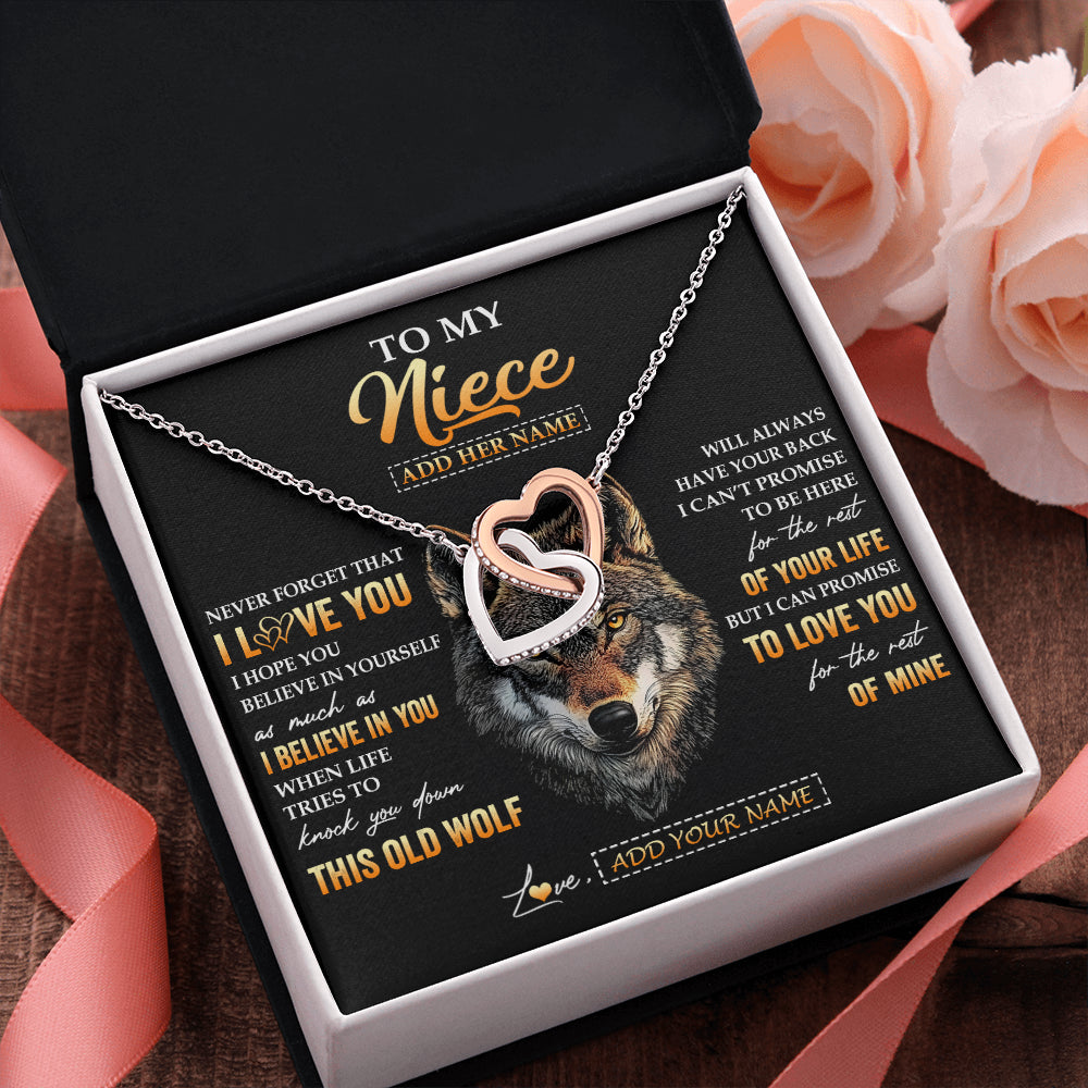 Interlocking Hearts Necklace Stainless Steel & Rose Gold Finish | 2 | Personalized To My Niece Gifts From Uncle Aunt Auntie Necklace Old Wolf Love You Niece Birthday Gifts Graduation Christmas Customized Gift Box Message Card | teecentury