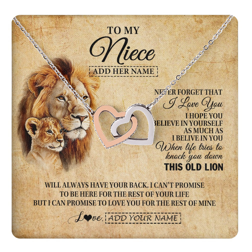 Interlocking Hearts Necklace Stainless Steel & Rose Gold Finish | 1 | Personalized To My Niece Gifts From Uncle Lion Necklace I Love You Niece Birthday Gifts From Uncle Graduation Christmas Customized Gift Box Message Card | teecentury.myshopify
