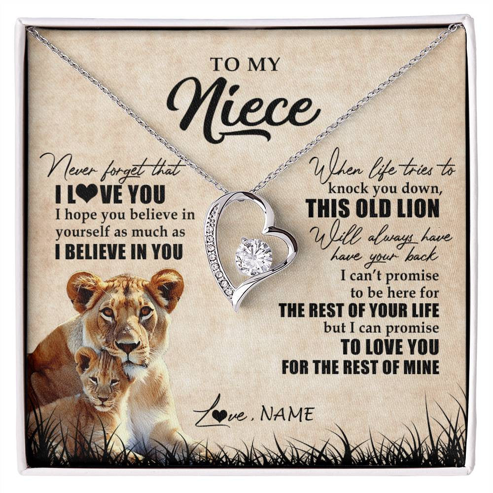 Forever Love Necklace 14K White Gold Finish | Personalized To My Niece Gifts Necklace From Aunt Old Lion Niece Jewelry Birthday Gifts Graduation Christmas Customized Gift Box Message Card | teecentury