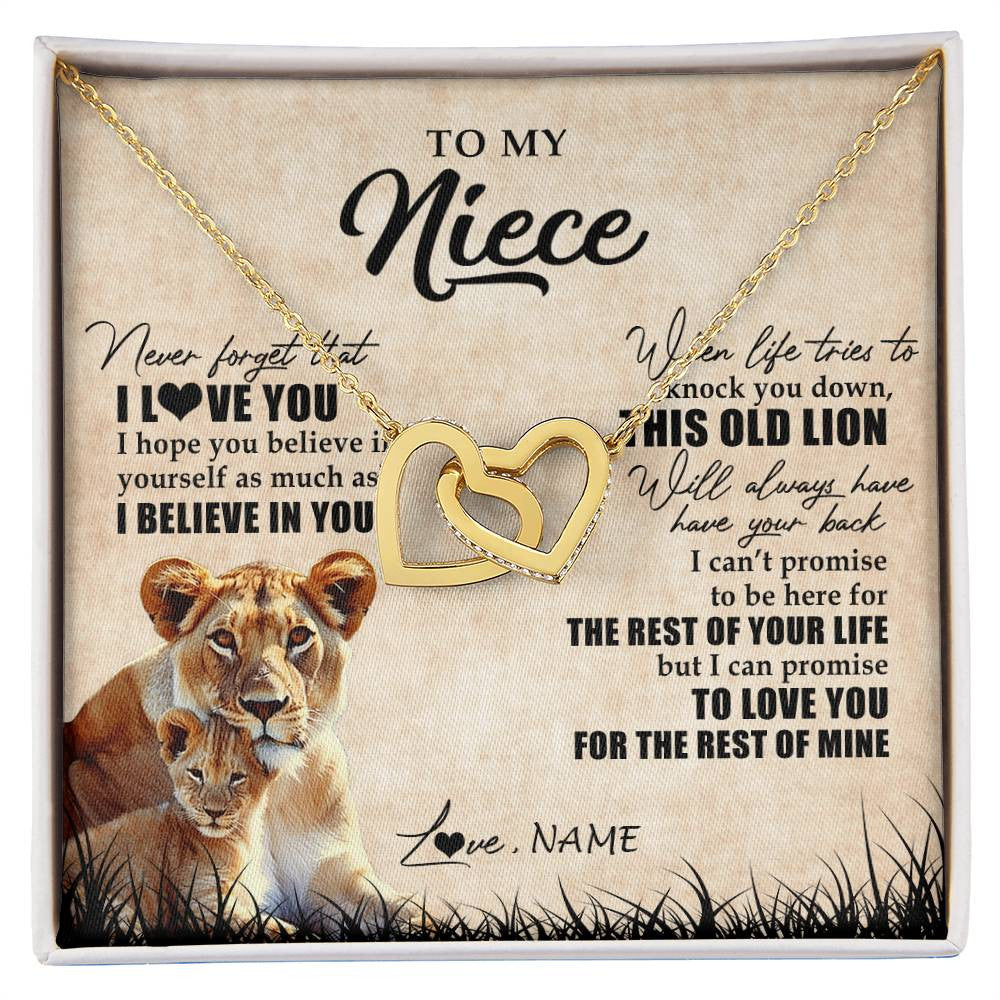 Interlocking Hearts Necklace 18K Yellow Gold Finish | Personalized To My Niece Gifts Necklace From Aunt Old Lion Niece Jewelry Birthday Gifts Graduation Christmas Customized Gift Box Message Card | teecentury