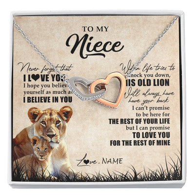 Interlocking Hearts Necklace Stainless Steel & Rose Gold Finish | Personalized To My Niece Gifts Necklace From Aunt Old Lion Niece Jewelry Birthday Gifts Graduation Christmas Customized Gift Box Message Card | teecentury