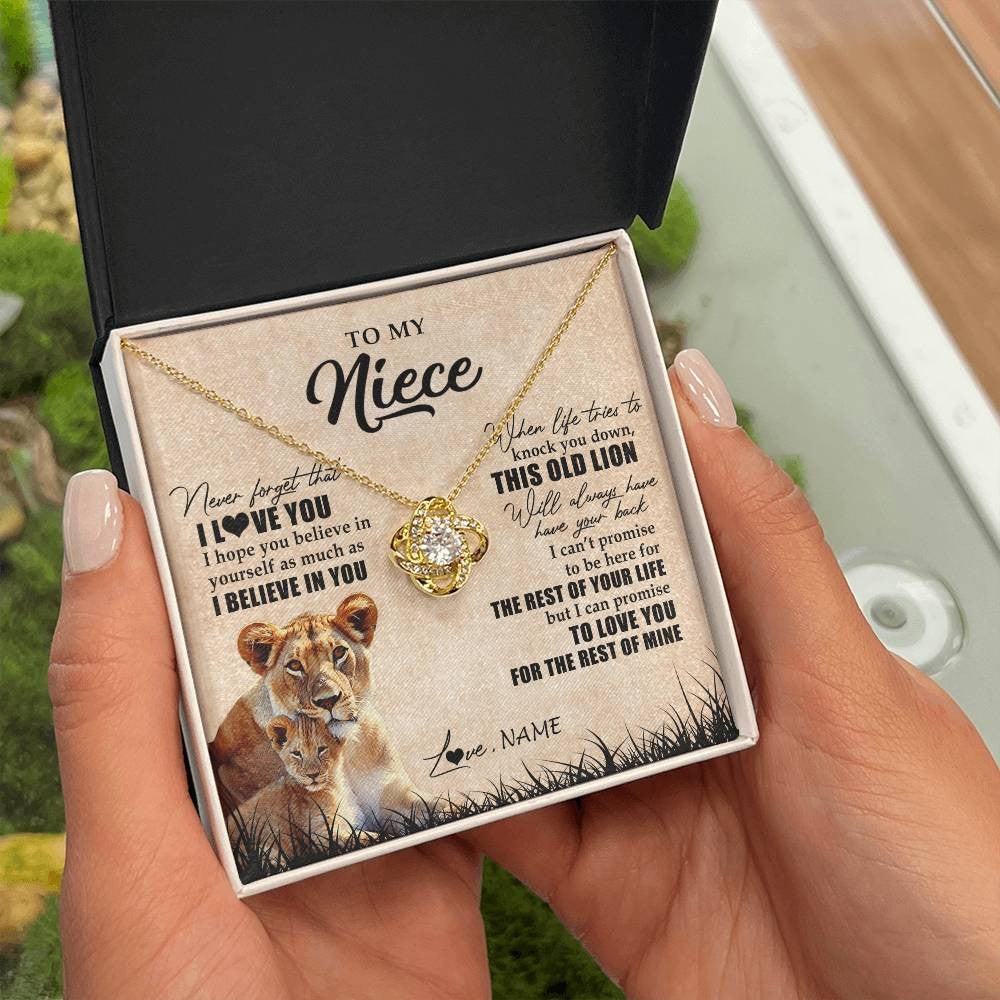 Love Knot Necklace 18K Yellow Gold Finish | Personalized To My Niece Gifts Necklace From Aunt Old Lion Niece Jewelry Birthday Gifts Graduation Christmas Customized Gift Box Message Card | teecentury