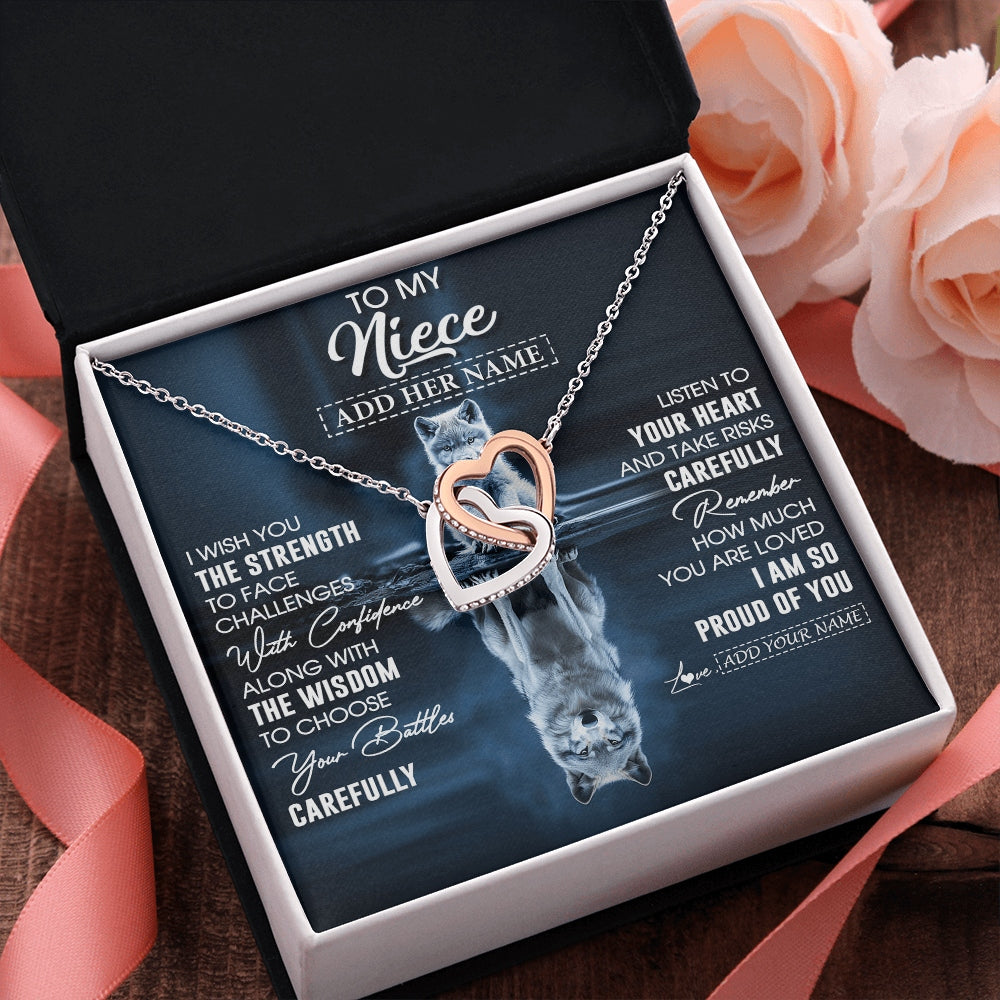 Interlocking Hearts Necklace Stainless Steel & Rose Gold Finish | 2 | Personalized To My Niece Gifts Necklace From Aunt Uncle Auntie I Wish You The Strength Wolf Niece Birthday Gifts Christmas Graduation Gift Box Message Card | https://teecentury.