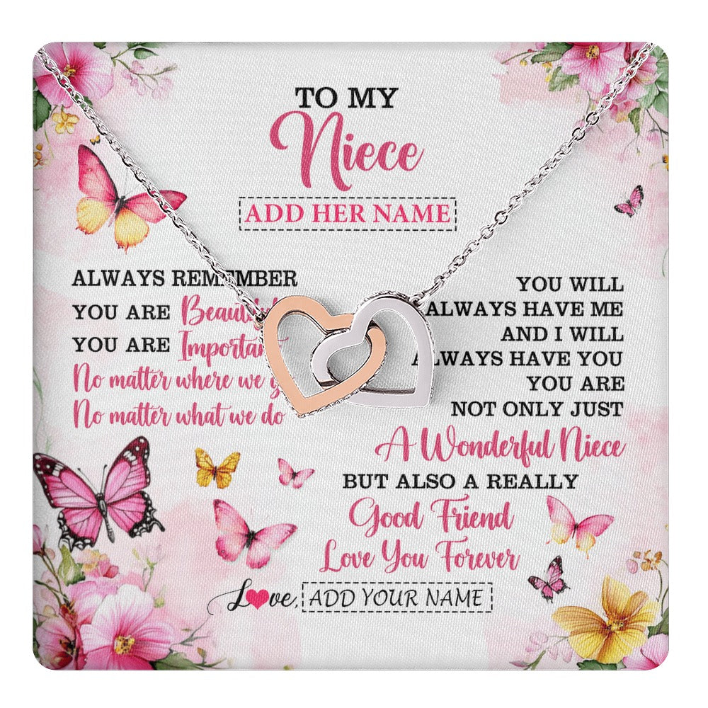 Interlocking Hearts Necklace Stainless Steel & Rose Gold Finish | 1 | Personalized To My Niece Gifts Necklace From Aunt Uncle Auntie You Are Beautiful Birthday Gifts For Niece Graduation Christmas Custom Gift Box Message Card | https://teecentury.
