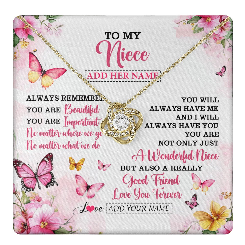 Love Knot Necklace 18K Yellow Gold Finish | 1 | Personalized To My Niece Gifts Necklace From Aunt Uncle Auntie You Are Beautiful Birthday Gifts For Niece Graduation Christmas Custom Gift Box Message Card | https://teecentury.