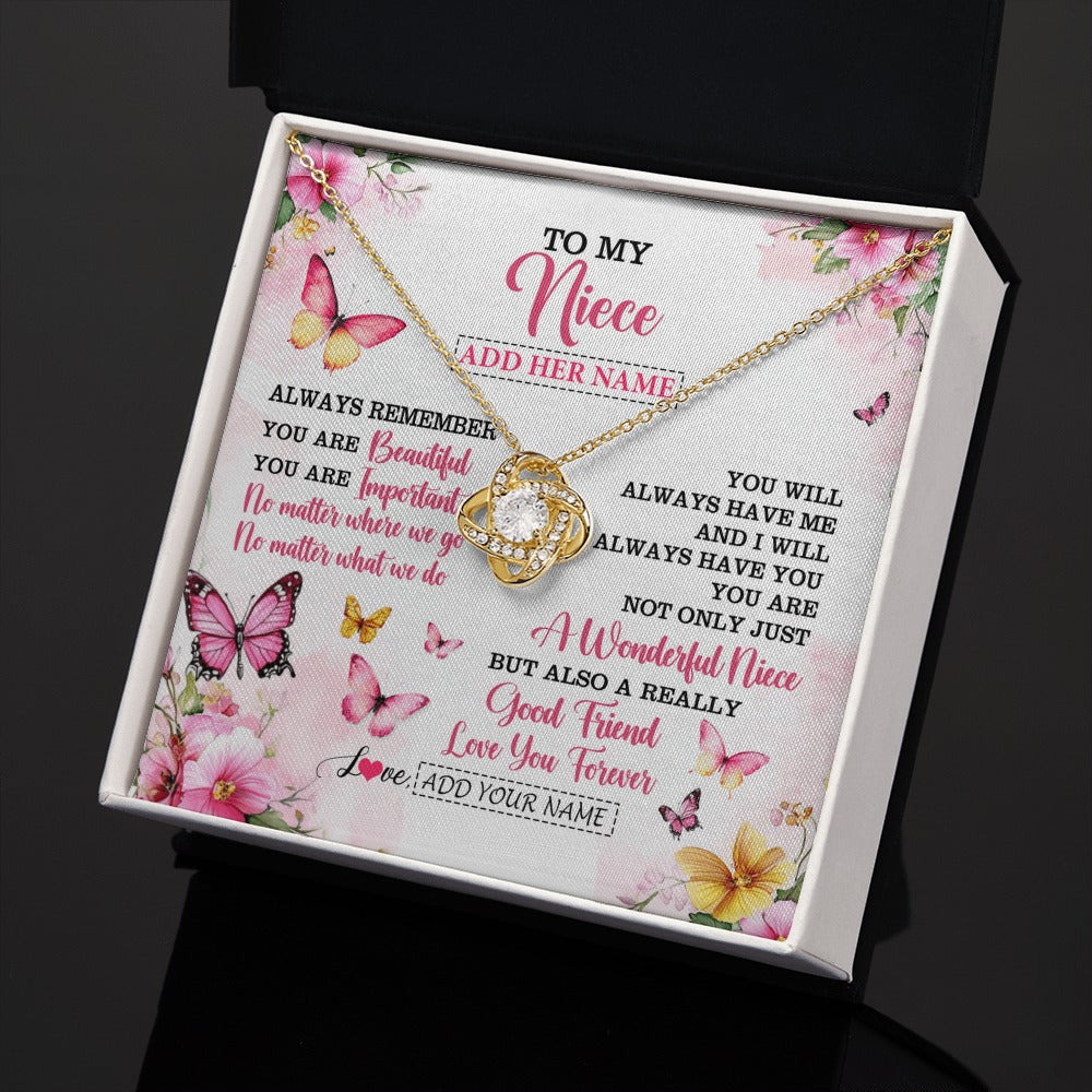 Love Knot Necklace 18K Yellow Gold Finish | 2 | Personalized To My Niece Gifts Necklace From Aunt Uncle Auntie You Are Beautiful Birthday Gifts For Niece Graduation Christmas Custom Gift Box Message Card | https://teecentury.