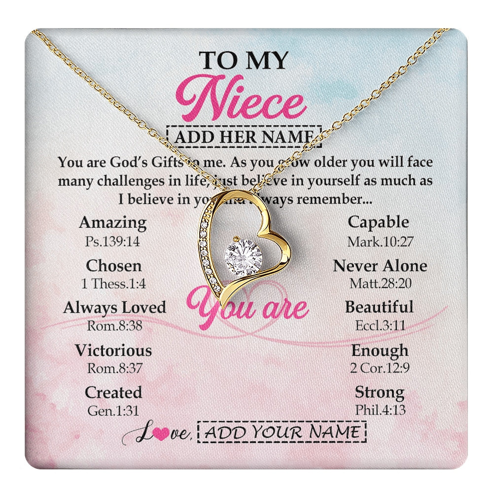 Forever Love Necklace 18K Yellow Gold Finish | 1 | Personalized To My Niece Gifts Necklace From Aunt Uncle Christian Religious Jewelry Gifts For Niece Birthday Graduation Christmas Custom Gift Box Message Card | https://teecentury.