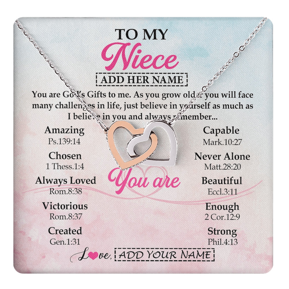 Interlocking Hearts Necklace Stainless Steel & Rose Gold Finish | 1 | Personalized To My Niece Gifts Necklace From Aunt Uncle Christian Religious Jewelry Gifts For Niece Birthday Graduation Christmas Custom Gift Box Message Card | https://teecentury.