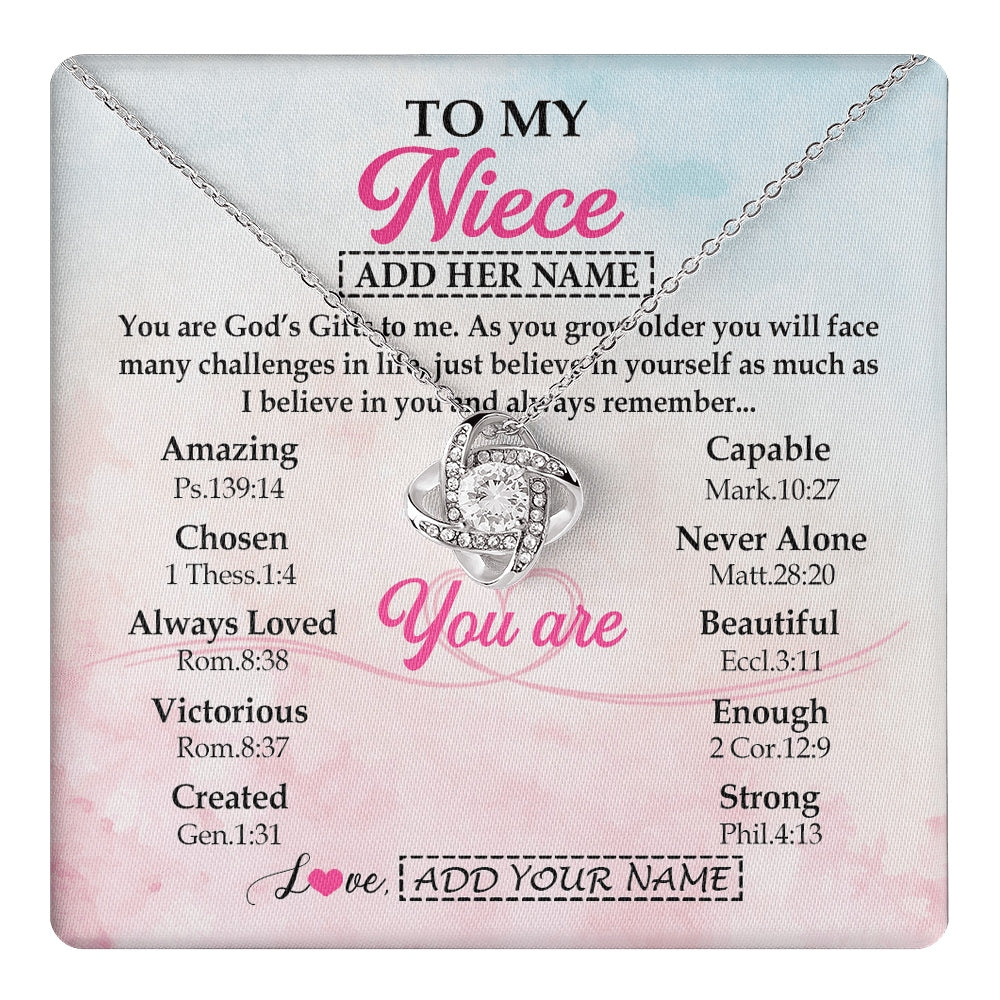 Love Knot Necklace 14K White Gold Finish | 1 | Personalized To My Niece Gifts Necklace From Aunt Uncle Christian Religious Jewelry Gifts For Niece Birthday Graduation Christmas Custom Gift Box Message Card | https://teecentury.