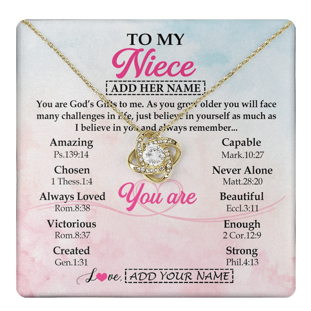 Love Knot Necklace 18K Yellow Gold Finish | 1 | Personalized To My Niece Gifts Necklace From Aunt Uncle Christian Religious Jewelry Gifts For Niece Birthday Graduation Christmas Custom Gift Box Message Card | https://teecentury.