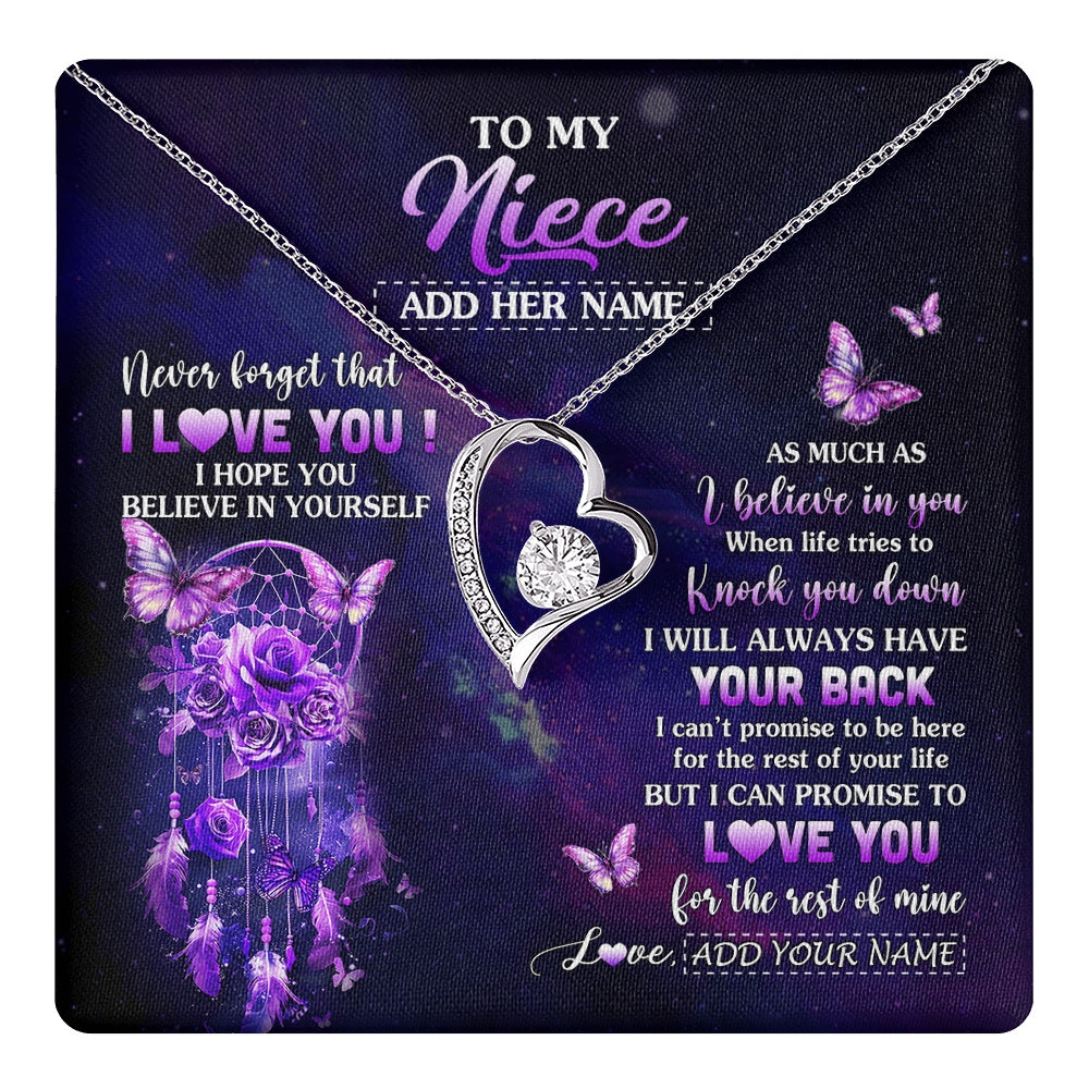 Forever Love Necklace 14K White Gold Finish | 1 | Personalized To My Niece Gifts Necklace From Aunt Uncle Floral Butterfly Love You Niece Birthday Gifts Graduation Christmas Custom Gift Box Message Card | https://teecentury.