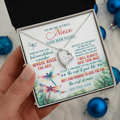 Forever Love Necklace 14K White Gold Finish | 2 | Personalized To My Niece Gifts Necklace From Aunt Uncle Whenever You Feel Dragonfly Niece Birthday Gifts Graduation Christmas Custom Gift Box Message Card | https://teecentury.
