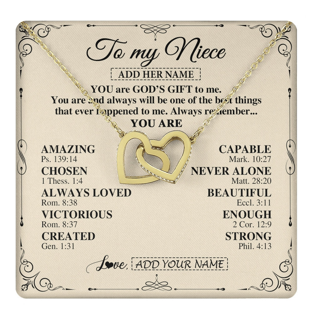 Interlocking Hearts Necklace 18K Yellow Gold Finish | 1 | Personalized To My Niece Gifts Necklace From Aunt Uncle You Are God's Gift To Me Aunt Niece Birthday Gifts Christmas Christian Custom Gift Box Message Card | https://teecentury.